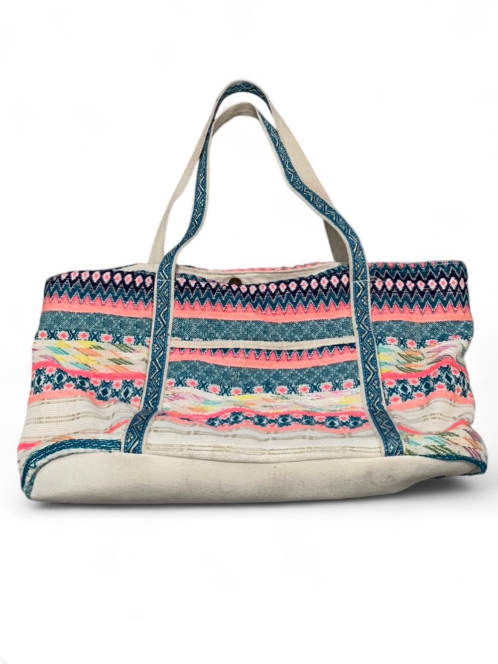 Canvas Colorful Boho Embroidered Patterned Tote Bag in Teal and Pink